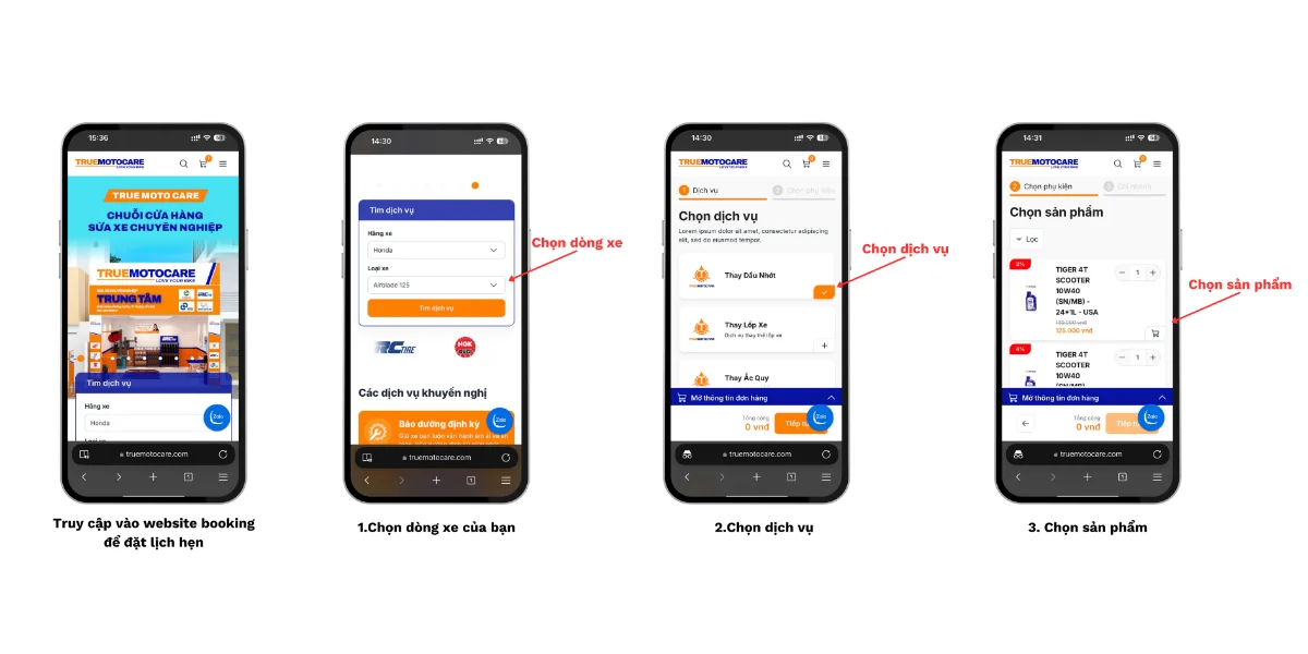 Truy cập và trang booking, chọn dòng xe, dịch vụ và chọn sản phẩm mong muốn Truy cập và trang booking, chọn dòng xe, dịch vụ và chọn sản phẩm mong muốn