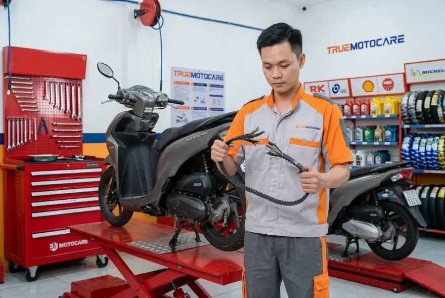 Cận cảnh dây curoa xe máy bị nứt và hư hỏng cần được thay thế ngay