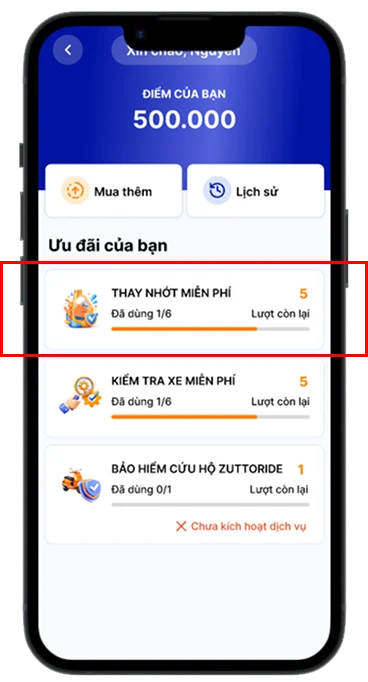 Chọn "Thay nhớt miễn phí"