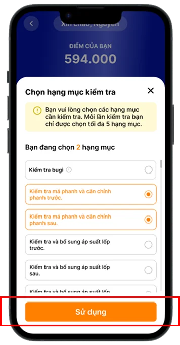 Chọn hạng mục bạn muốn kiểm tra