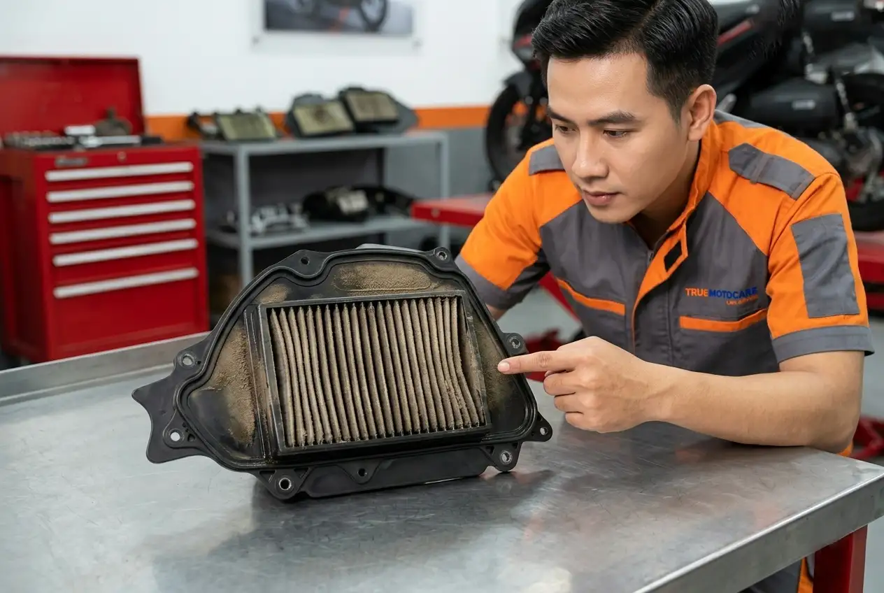 Hình ảnh so sánh lọc gió xe máy sạch và lọc gió bị bẩn tắc nghẽn cần thay thế