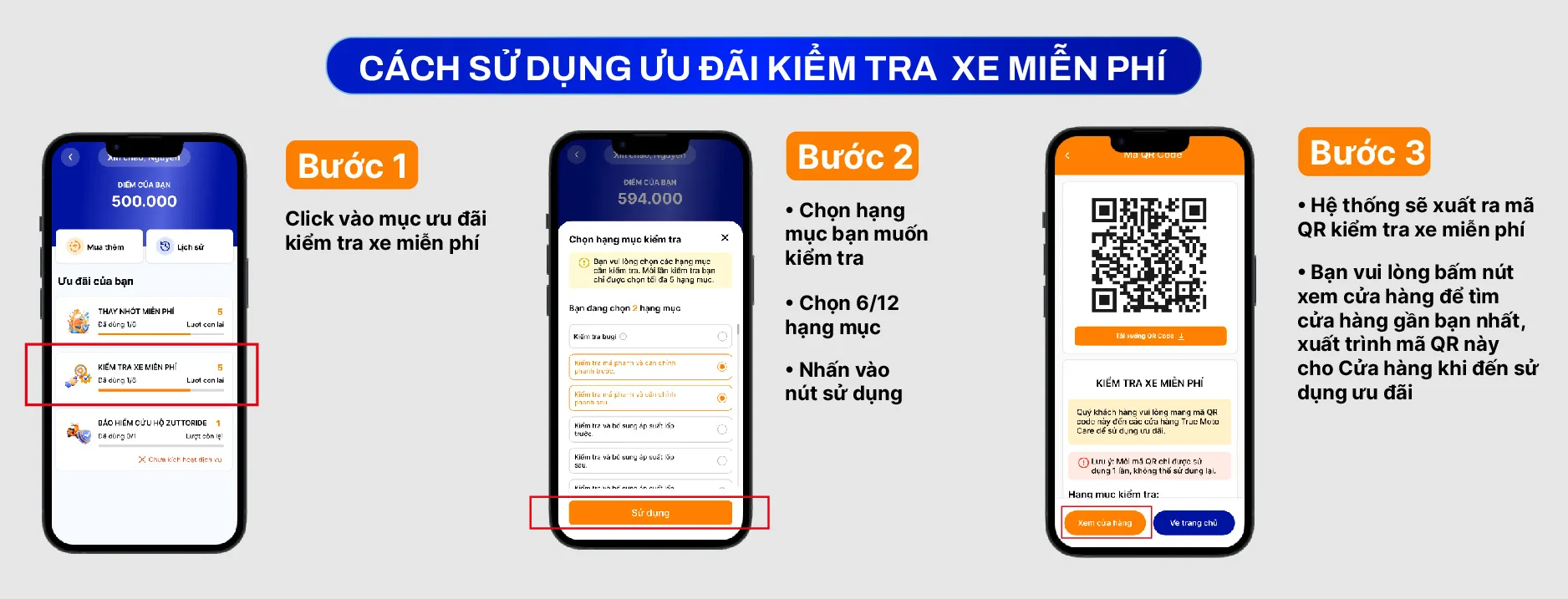 Các bước sử dụng ưu đãi kiểm tra xe miễn phí Các bước sử dụng ưu đãi kiểm tra xe miễn phí