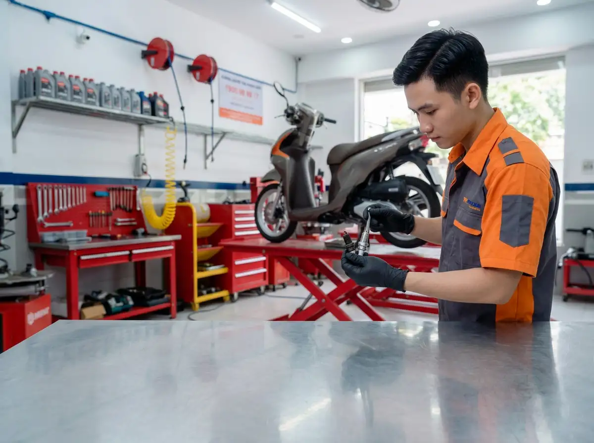 Thợ True Moto Care thay bugi cho khách hàng