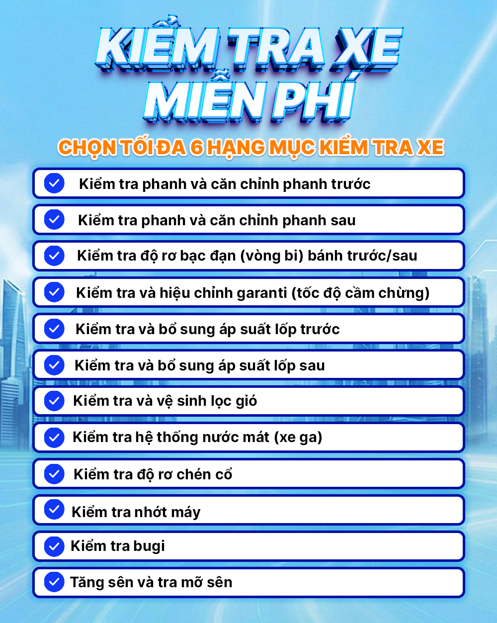 Bạn có thể lựa chọn 6 hạng mục kiểm tra xe