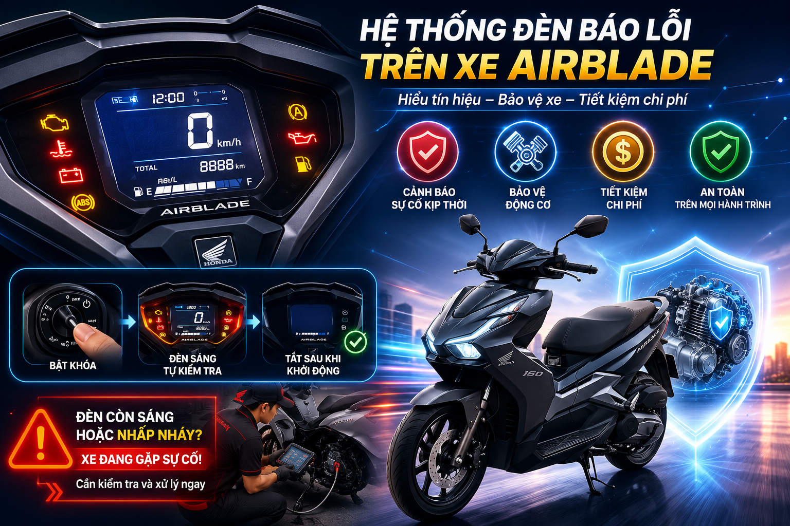 Cận cảnh bảng đồng hồ các đèn báo trên xe Air Blade 2018 sáng lên khi vừa bật khóa