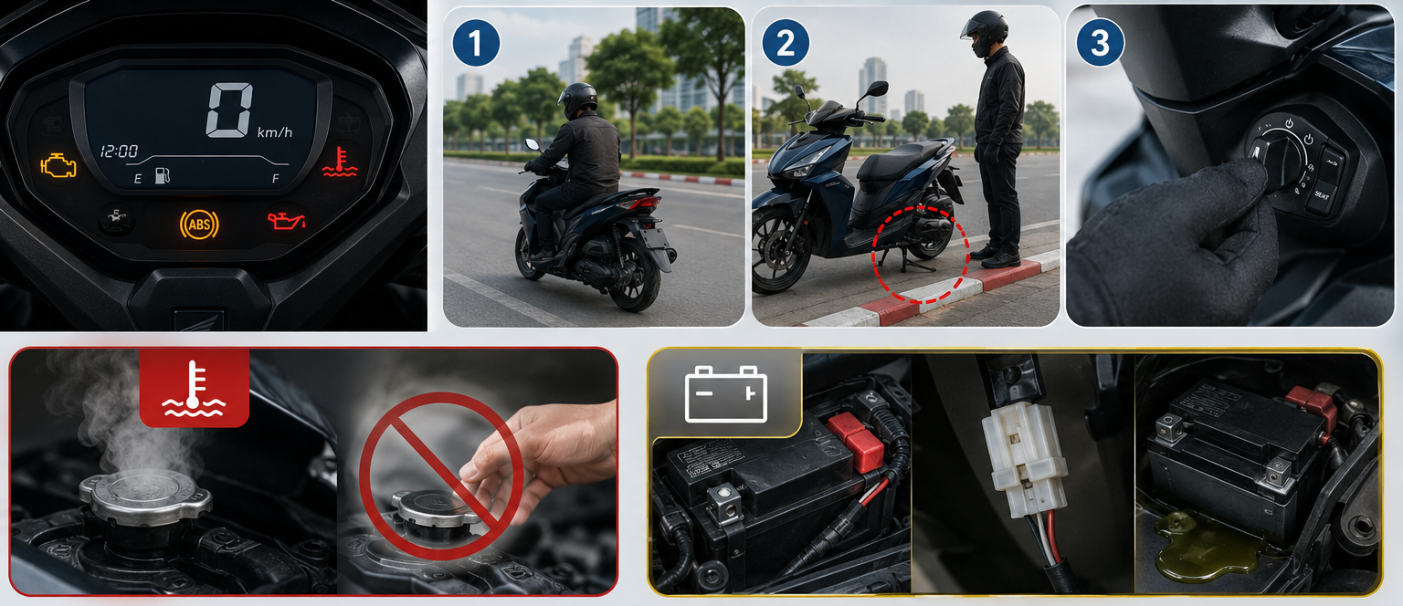 Hướng dẫn cách xử lý nhanh chóng khi đèn cảnh báo trên xe máy bất ngờ bật sáng.