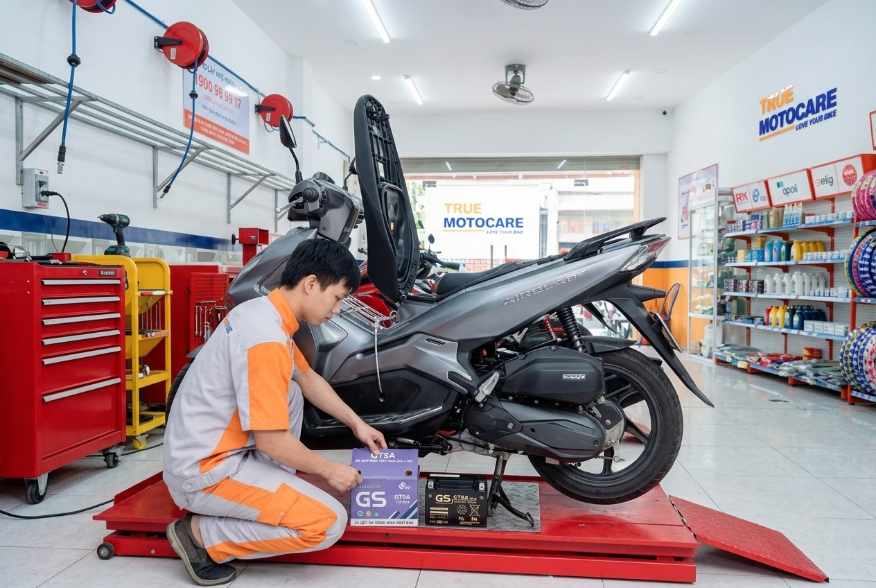 Thợ kỹ thuật True Moto Care đang thực hiện quy trình thay bình ắc quy chính hãng cho xe Honda Air Blade