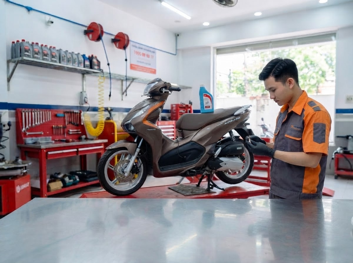 Nhân viên True Moto Care đang thực hiện thay nước mát cho xe máy giúp làm mát động cơ Nhân viên True Moto Care đang thực hiện thay nước mát cho xe máy giúp làm mát động cơ