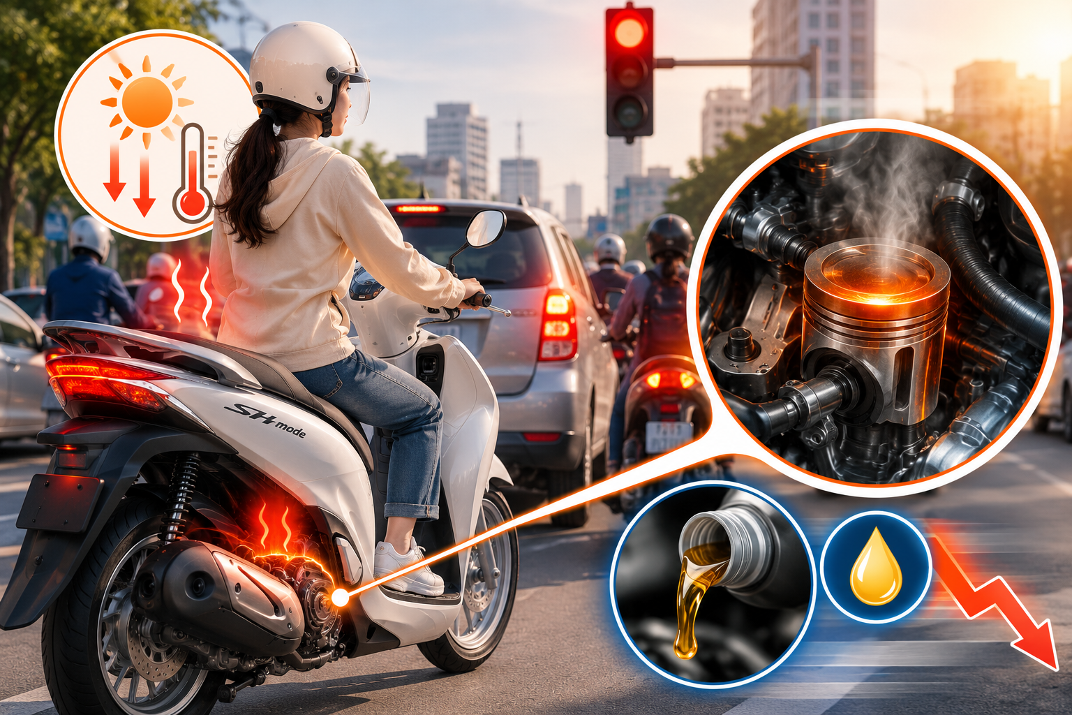 Xe máy di chuyển trong giao thông nội thành đông đúc gây nóng động cơ và nhanh hao nhớt Xe máy di chuyển trong giao thông nội thành đông đúc gây nóng động cơ và nhanh hao nhớt