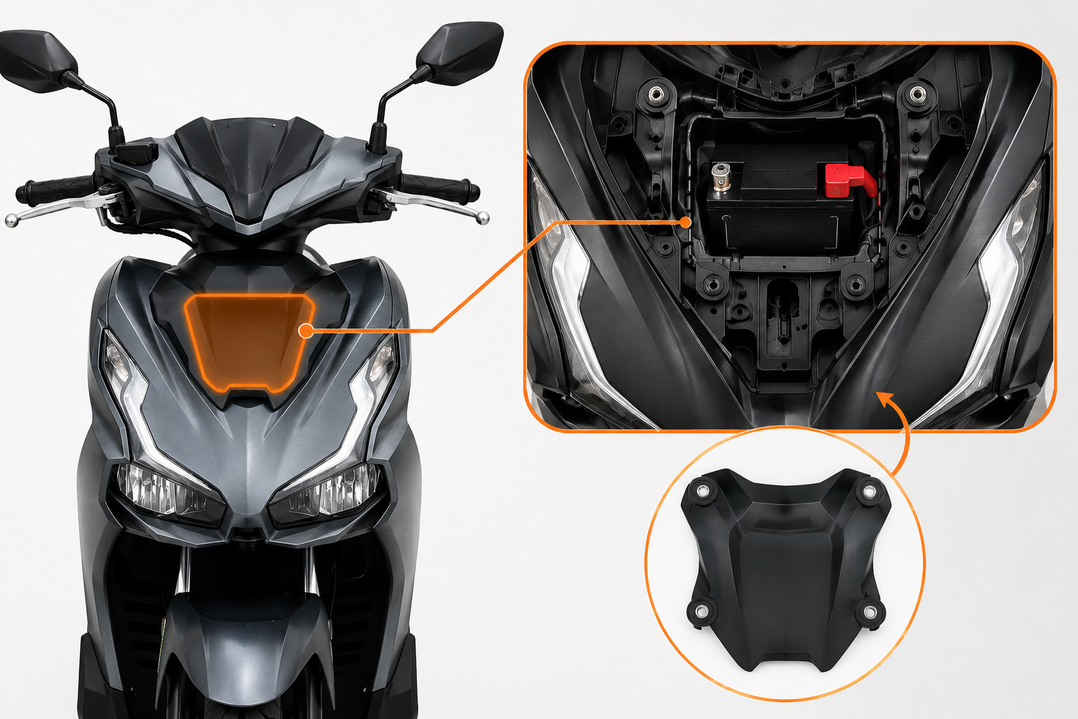 Vị trí bình ắc quy xe Air Blade 125 nằm ở phía sau mặt nạ trước của xe