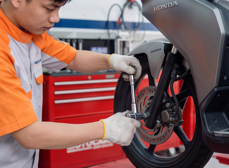 Kỹ thuật viên đang kiểm tra và bảo dưỡng hệ thống phanh xe máy chuyên nghiệp tại True Moto Care Kỹ thuật viên đang kiểm tra và bảo dưỡng hệ thống phanh xe máy chuyên nghiệp tại True Moto Care