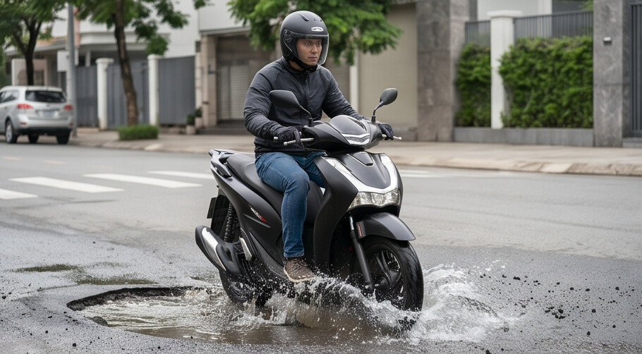 Lốp xe máy đi vào ổ gà thường xuyên cũng là một nguyên nhân khiến lốp xe bị phồng
