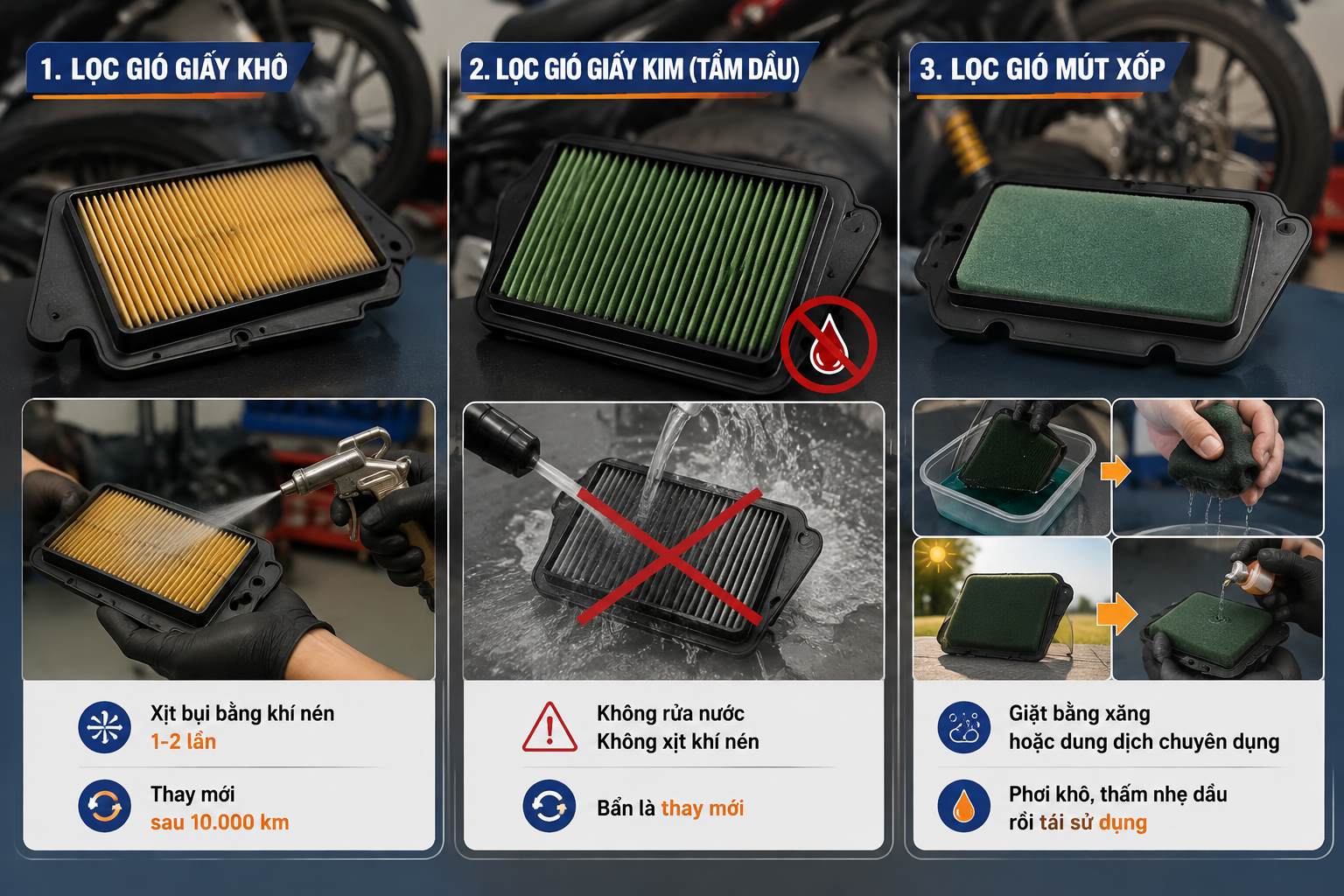 Các loại lọc gió xe máy phổ biến và hình ảnh lọc gió bị bẩn cần vệ sinh thay thế Các loại lọc gió xe máy phổ biến và hình ảnh lọc gió bị bẩn cần vệ sinh thay thế